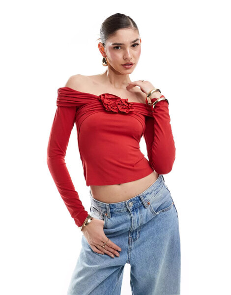 & Other Stories off shoulder long sleeve top with front corsage in red