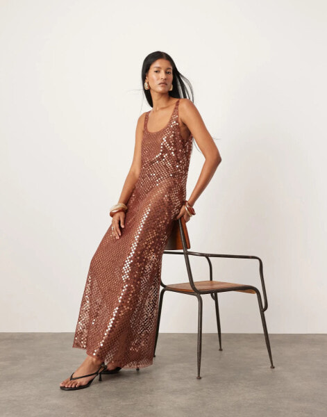 ASOS EDITION sheer disc sequin maxi raw edge vest dress in chocolate