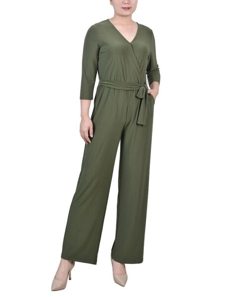 Petite Short 3/4 Sleeve Belted Wide Leg Jumpsuit