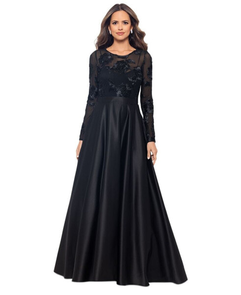 Petite Long-Sleeve Embellished Soutache Gown