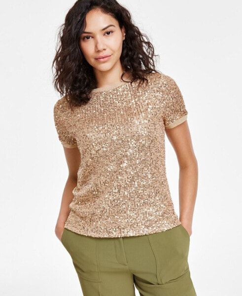 Petite Sequined Mesh Short-Sleeve Top