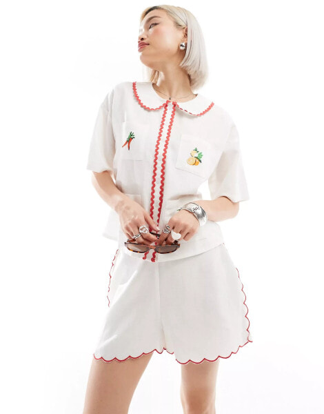 Neon Rose rik-rak detail shorts co-ord in white