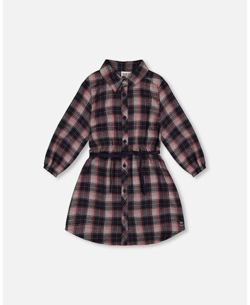 Big Girls Shirt Flannel Dress With Belt Plaid Navy And Pink