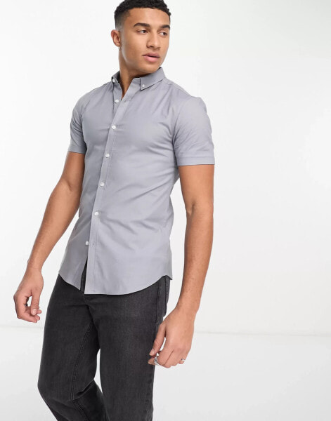 New Look short sleeve muscle fit oxford shirt in light grey