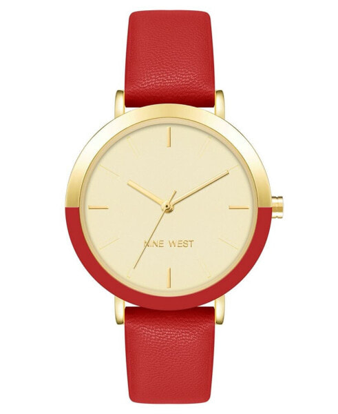 Women's Quartz Red Faux Leather Band Watch, 36mm