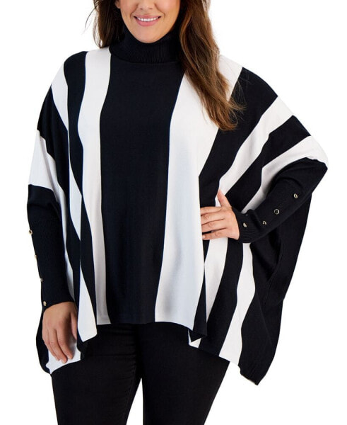 Plus Size Striped Turtleneck Poncho Sweater, Created for Macy's