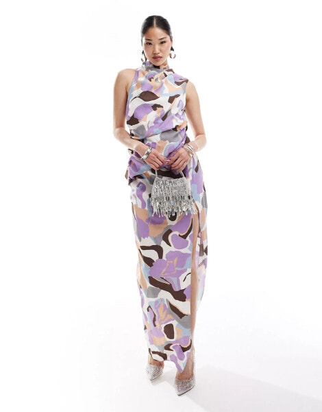 ASOS DESIGN high neck one shoulder drape maxi dress with thigh split in abstract print