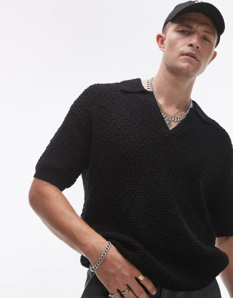 Topman knitted revere polo in black