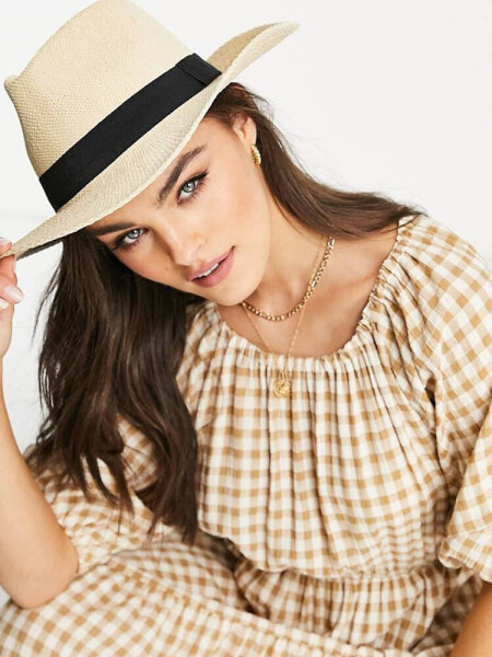 ASOS DESIGN straw fedora hat with black band in natural
