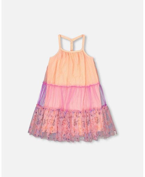 Girl Sleeveless Color block Mesh Dress Lavender And Salmon - Child