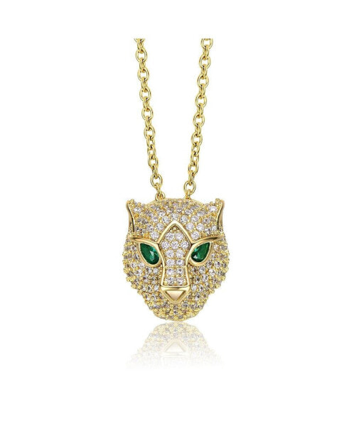 14k Yellow Gold Plated with Emerald & Cubic Zirconia 3D Panther Head Pendant Layering Necklace