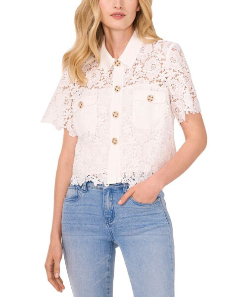 Women's Lace Short-Sleeve Button-Up Blouse