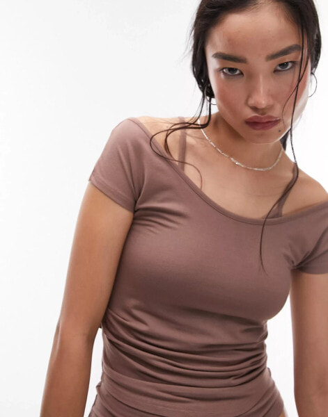 Topshop premium double layer soft touch short sleeve top in taupe