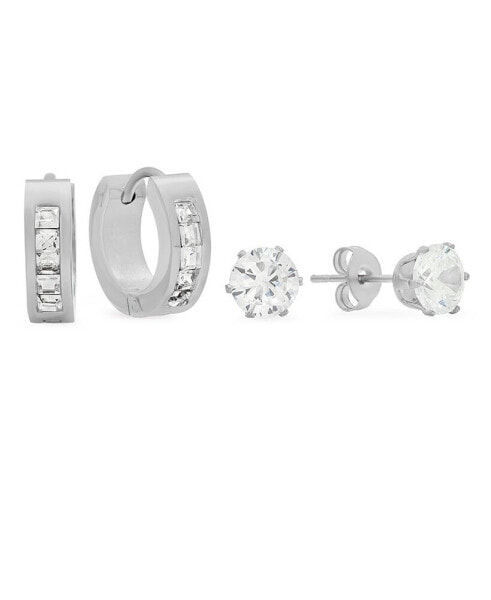 Women's Stainless Steel 2 Pieces Simulated Diamond Stud and Simulated Diamond Huggie Earrings Set
