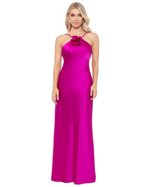 Women's Flower-Trim Sleeveless Satin Gown