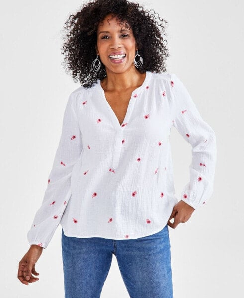 Women's Cotton Embroidered Split-Neck Gauze Blouse, Created for Macy's