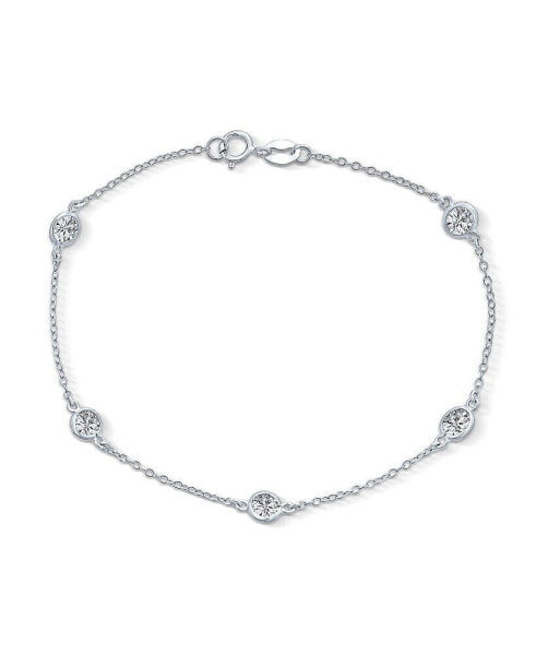 Tiny Minimalist Simple Cubic Zirconia Round Bezel Chain CZ By The Inch Bracelet For Women Teen .925 Sterling Silver