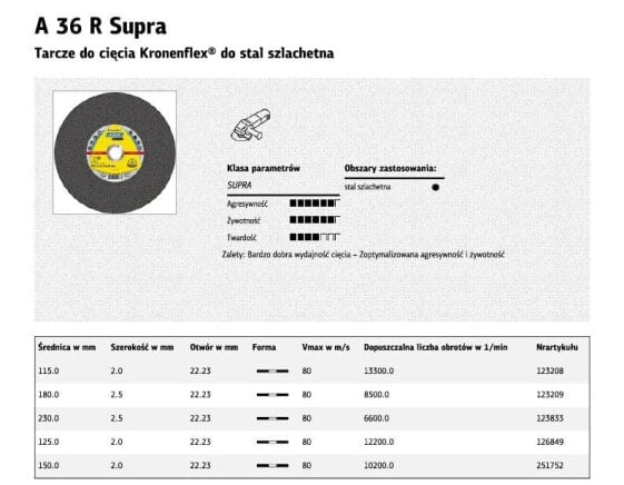 Диск для резки металла Klingspor 125 мм x 2,0 мм x 22,2 мм A36R Supra INOX