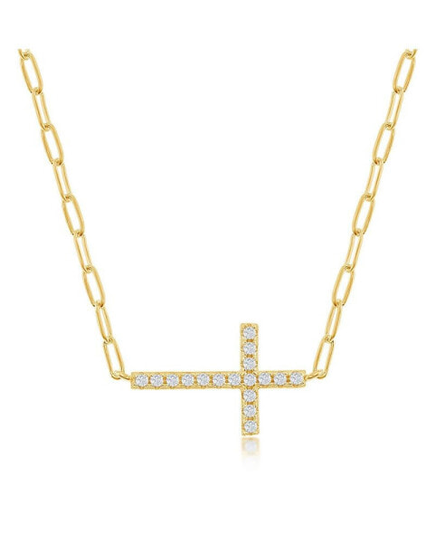 Sterling Silver CZ Sideways Cross Paperclip Necklace