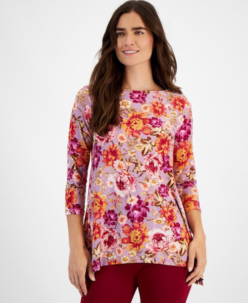 Petite Floral Jacquard 3/4-Sleeve Swing Top, Created for Macy's