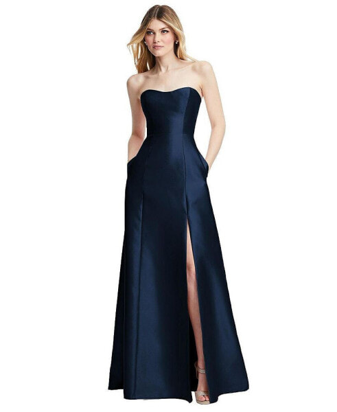 Womens Strapless A-line Satin Gown with Modern Bow Detail