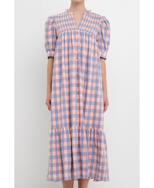 Women's Gingham Textured Smocked Yoke Midi Dress