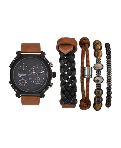 Наручные часы American Exchange Quartz Brown Leather 48 мм + Браслеты, набор из 5 шт.