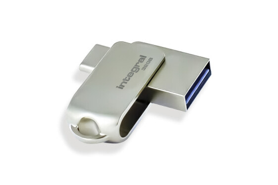 Integral 32GB 360-C Dual USB-C & USB 3.0 - 32 GB - USB Type-A / USB Type-C - 3.2 Gen 1 (3.1 Gen 1) - 70 MB/s - Capless - Silver