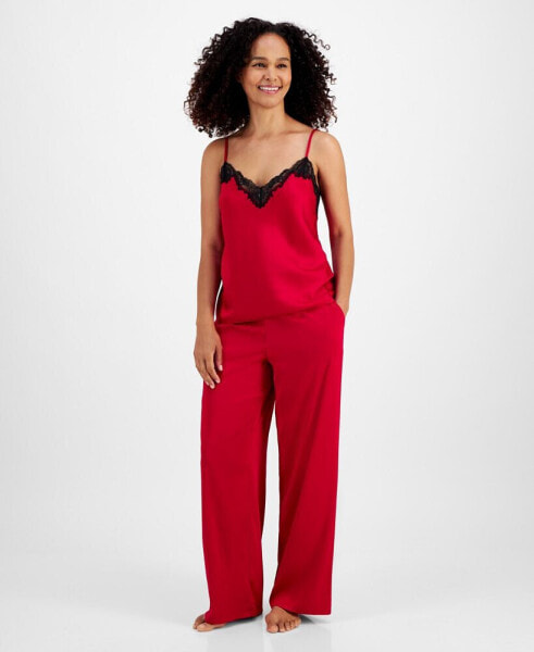 Women's Stretch Satin Lace-Trim Top & Pajama Pants Set, Created for Macy's