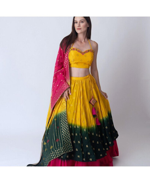 Women's Multicolor Lehenga Choli with Off Shoulder Blouse and Layered Lehenga