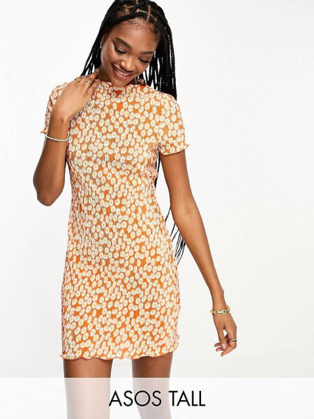 ASOS DESIGN Tall plisse t-shirt mini shirt dress in red daisy print