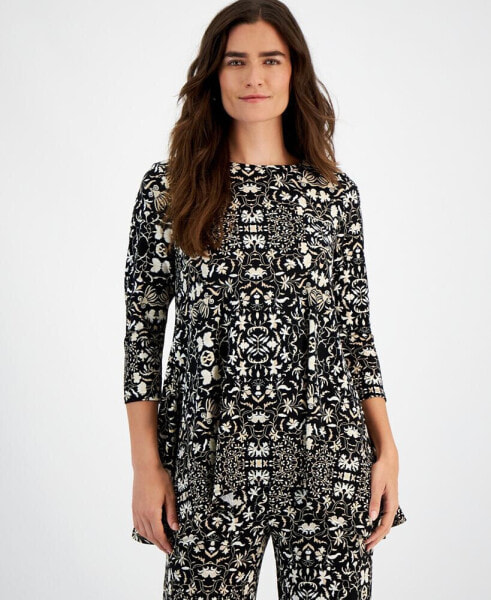 Petite Printed Knit 3/4-Sleeve Curved-Hem Top, Created for Macy's