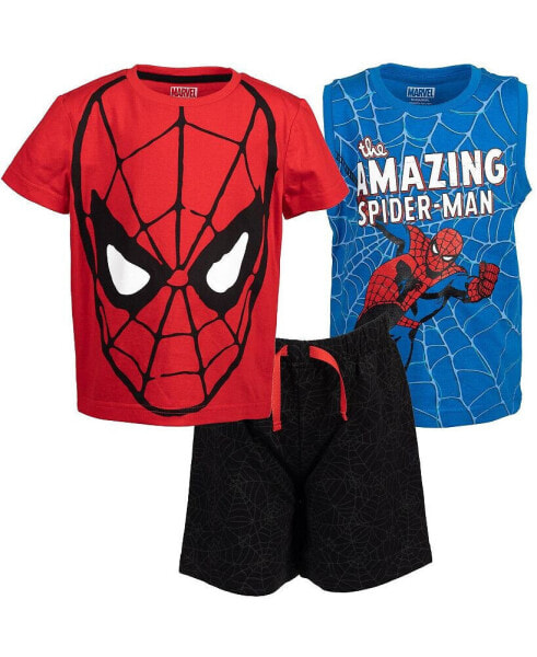 Boys Avengers Spider-Man T-Shirt French Terry Tank Top and Shorts 3 Piece Outfit Set Red/Black/Blue