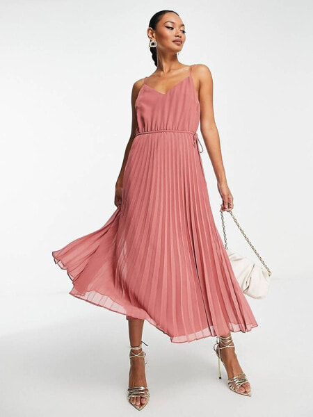 ASOS DESIGN pleated cami midi dress with drawstring waist in dark pink