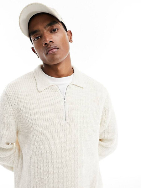 ASOS DESIGN heavyweight 1/4 zip rib jumper with collar in cream