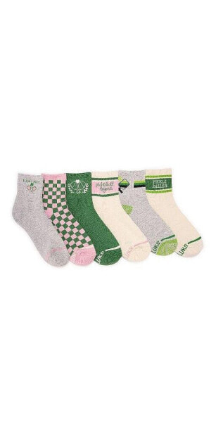 Women's 6 Pack Pickle ball Quarter Crew Socks, Pink/Green, One Size