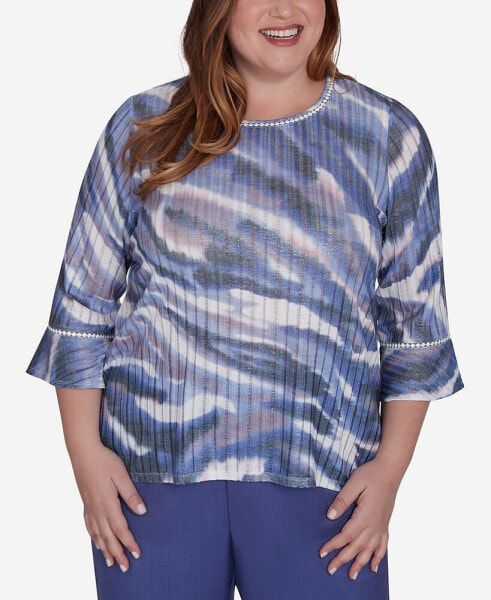 Plus Size Worth Avenue Women's Watercolor Animal Stripe Bell Sleeve Top