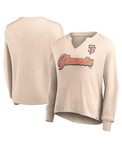 Women's Cream Distressed San Francisco Giants Go For It Waffle Knit Long Sleeve Notch Neck T-shirt