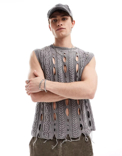 COLLUSION ulra distressed washed knitted vest in grey