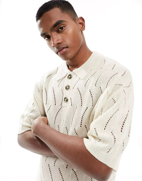 ASOS DESIGN oversized knitted pointelle polo in stone