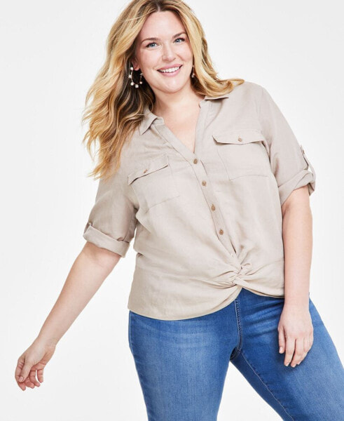 Plus Size Linen Twist-Hem Shirt, Created for Macy's