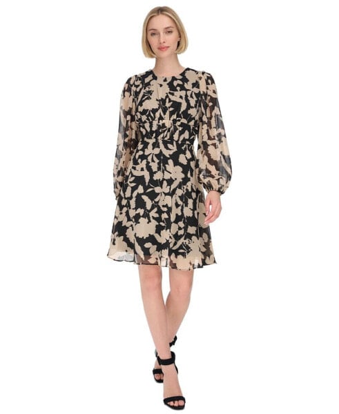 Petite Printed Jewel-Neck Long-Sleeve Dress