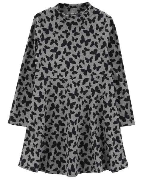 Kid Butterfly Print Mock Neck Long-Sleeve Dress 6-6X