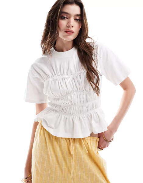 ASOS DESIGN shirred corset waist t-shirt in white