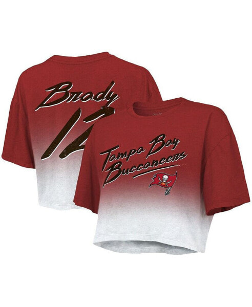 Women's Threads Tom Brady Red, White Tampa Bay Buccaneers Drip-Dye Player Name and Number Tri-Blend Crop T-shirt