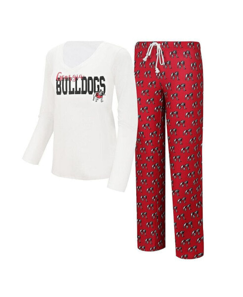 Women's White, Red Georgia Bulldogs Long Sleeve V-Neck T-shirt and Gauge Pants Sleep Set