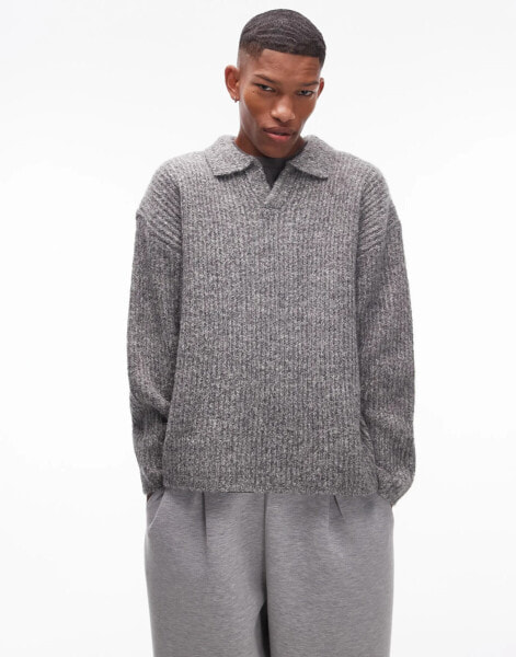 Topman relaxed open collar jumper in grey marl