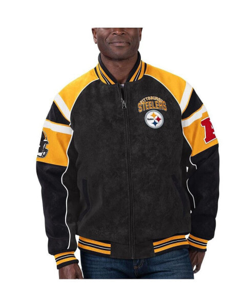 Men's Black Pittsburgh Steelers Faux Suede Raglan Full-Zip Varsity Jacket