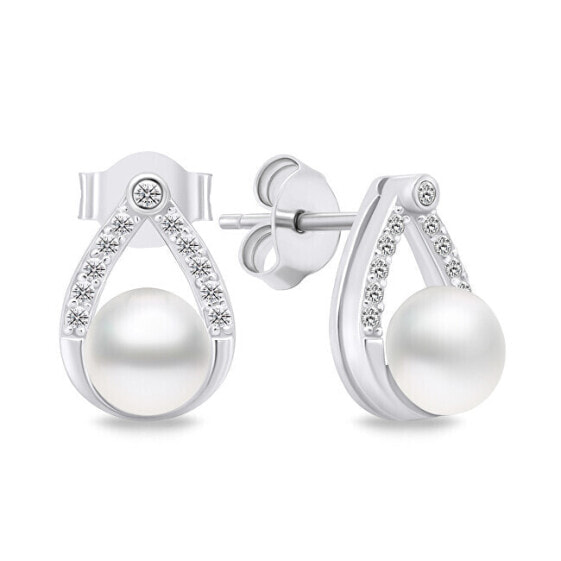 Charming silver earrings with pearls and zircons EA615W