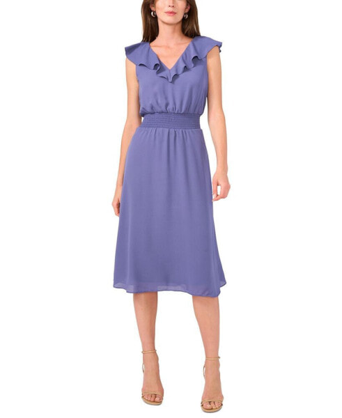 Women's V-Neck Smocked Ruffled Midi Dress